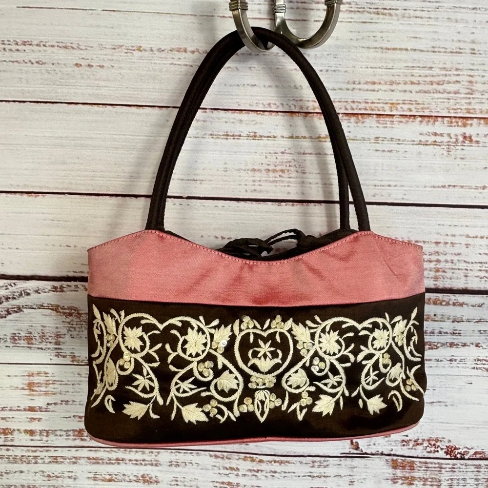 Vintage Shoulder Bag Claire V. Small Pink Brown 100% Silk Embroidered Beaded